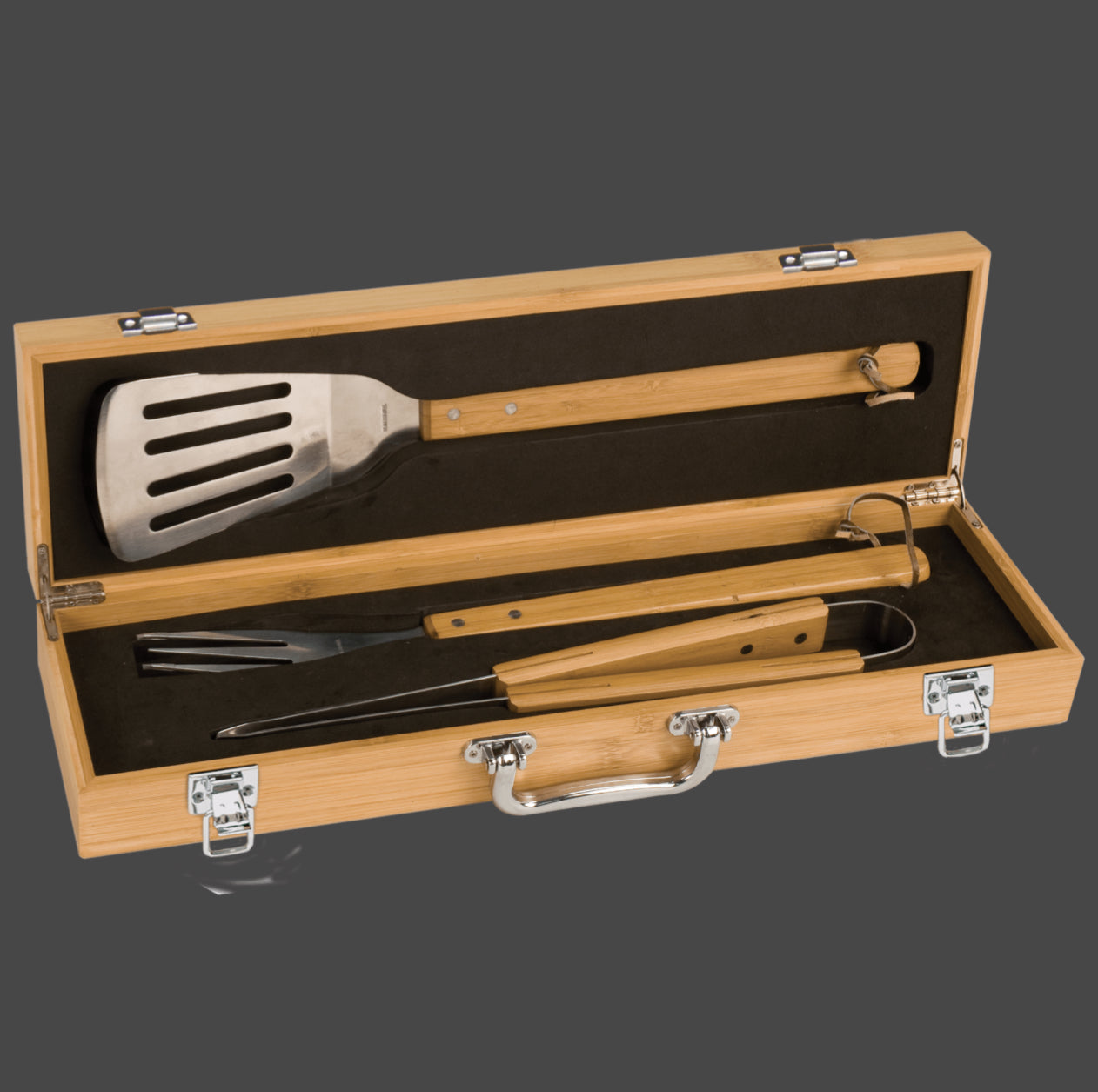 Custom 3 Piece BBQ Tool Set in Bamboo Case (BBQ02)